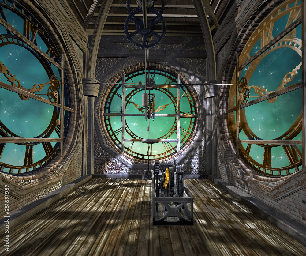 Fotografiet, Poster Clock tower interior in a steampunk style - 3D  illustration på Europosters.se