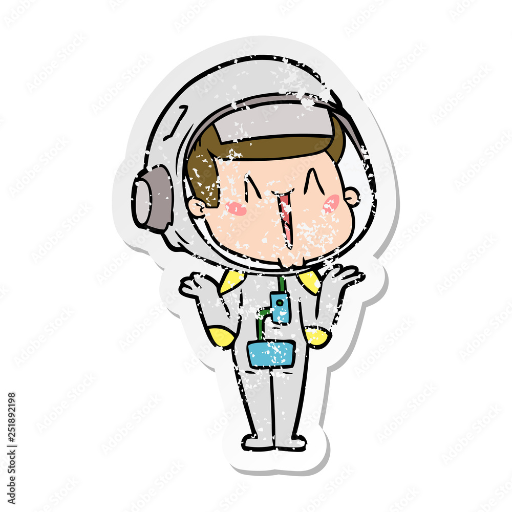 distressed sticker of a happy cartoon astronaut shrugging shoulders