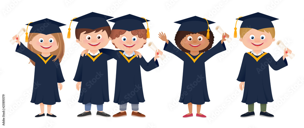 Group Of Happy Smiling Graduate Students In Graduation Gowns Holding 