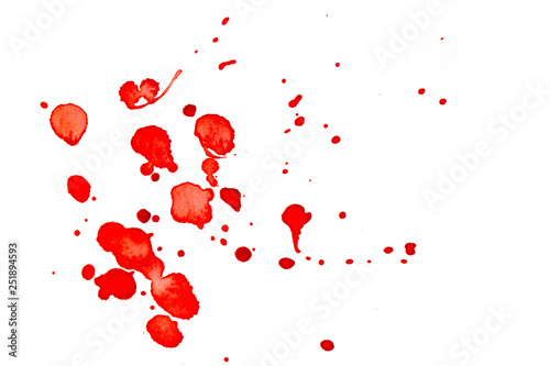 Blood drops. Abstract watercolor spot on white textured paper. Isolated. Hand-drawn background. Aquarelle brush stains on paper. For design, web, card, text, decoration, surfaces. Red color.