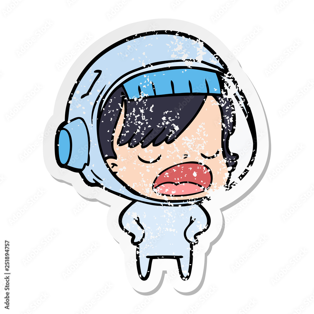 distressed sticker of a cartoon astronaut woman explaining distressed sticker of a cartoon astronaut woman explaining