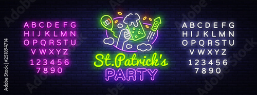 St. Patricks Party design template vector. St. Patrick greeting card, Light banner, neon style, night bright advertising. Vector illustration. Editing text neon sign