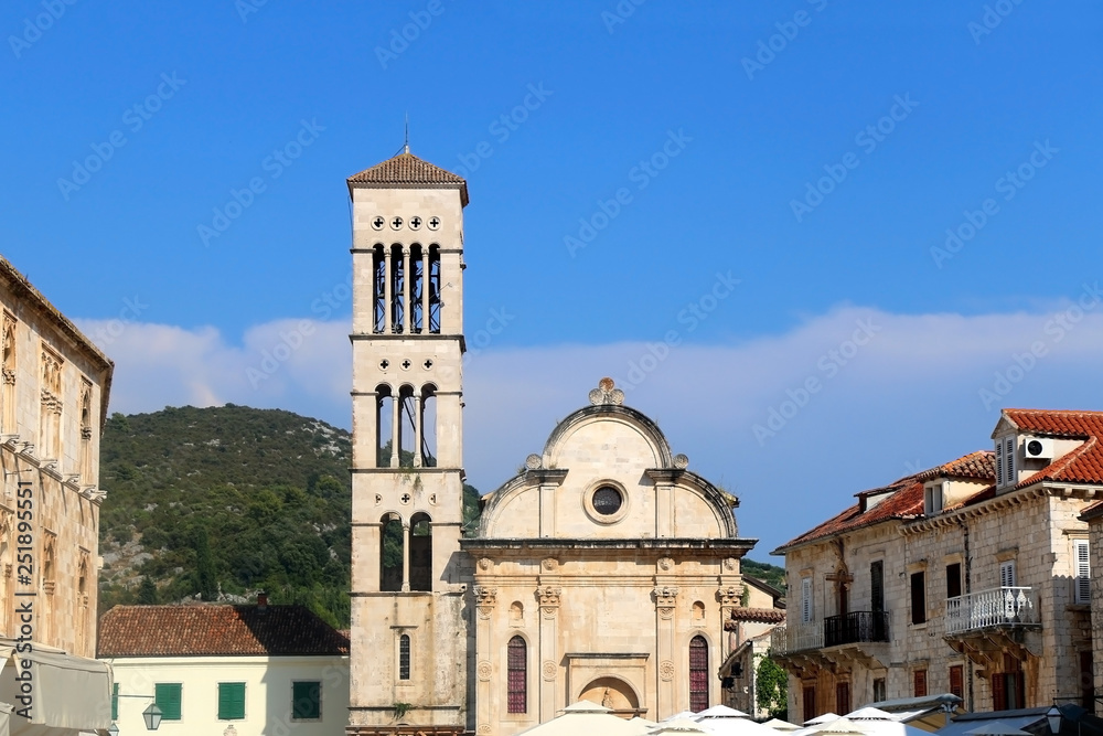 Historical cathedral of St. Stephen in town Hvar, on island Hvar, Croatia. Hvar is popular summer travel destination.