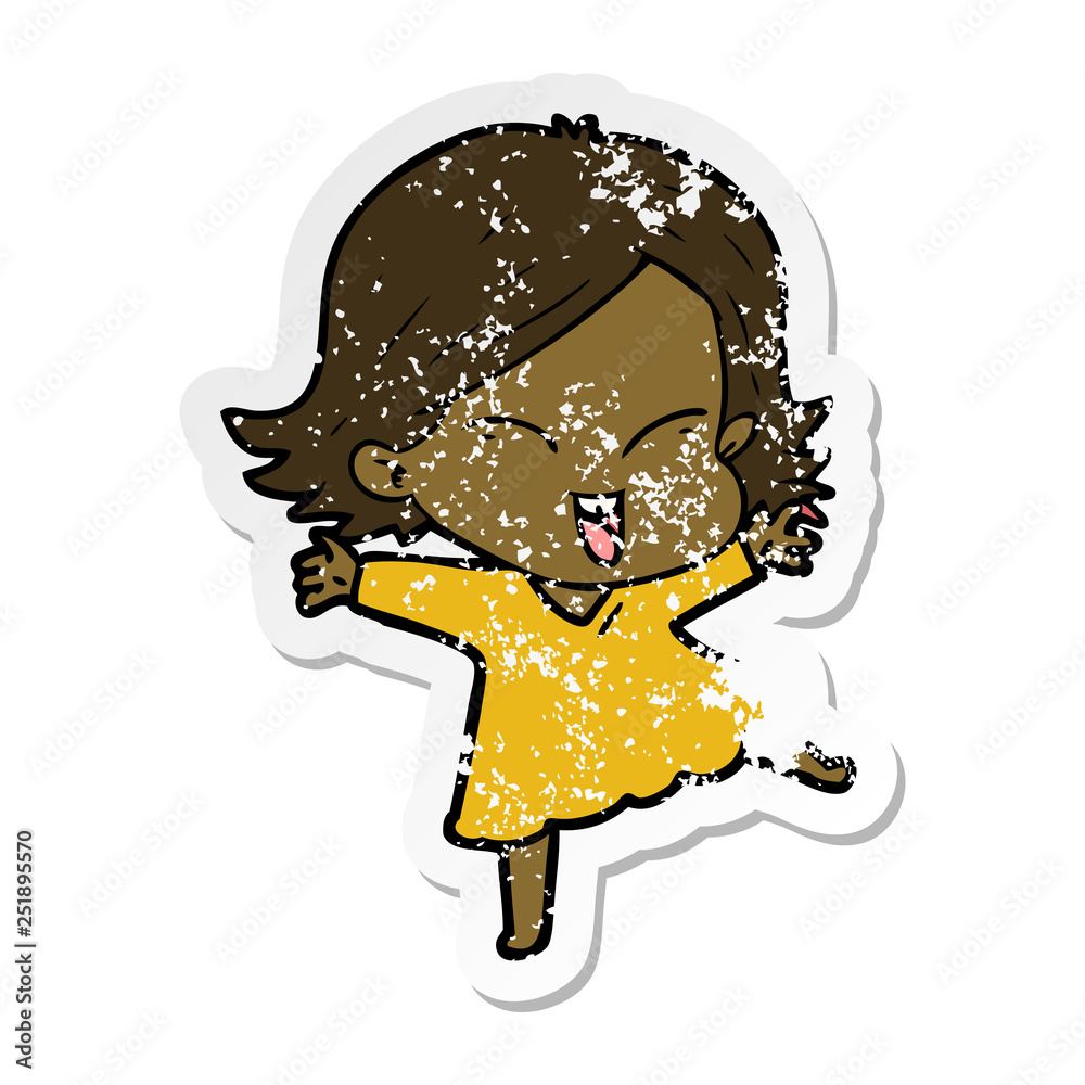 distressed sticker of a happy cartoon girl distressed sticker of a happy cartoon girl
