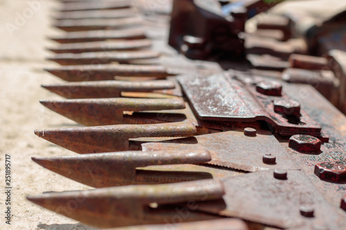 Close-up of rusty motocultivator mower blades in summer sunshine photo