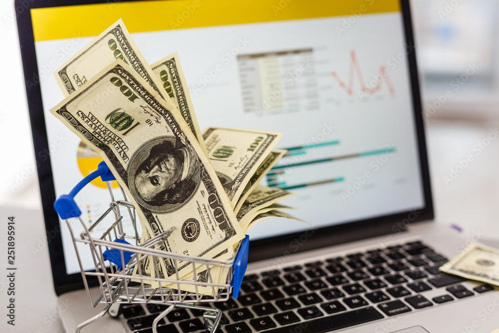 The person points to dollars in the supermarket trolley on the keyboard. Online shopping. E-commerce. on the Internet The person points to dollars in the supermarket trolley on the keyboard. Online shopping. E-commerce. on the Internet