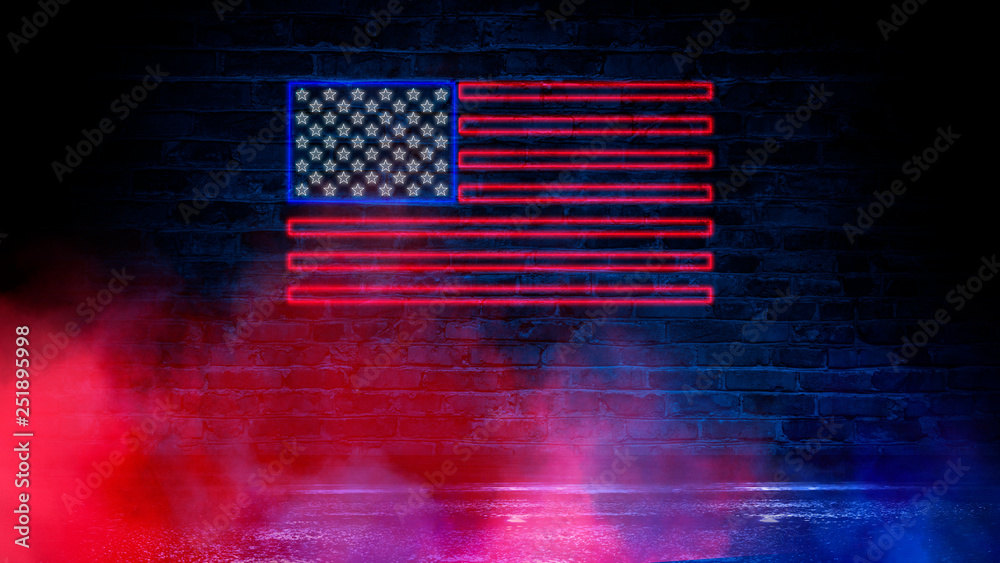 USA flag neon sign. Night bright Signboard USA flag. American flag on