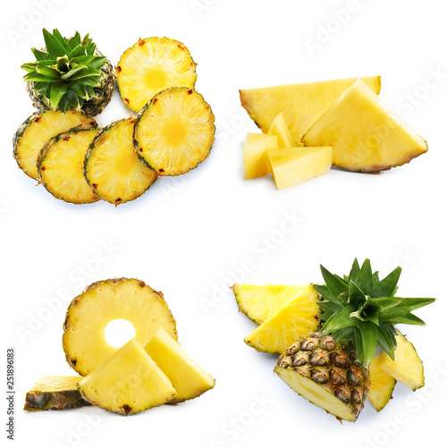 Set of sweet tropical pineapples on white background
