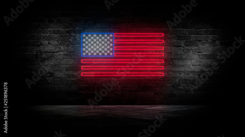 USA flag neon sign. Night b...