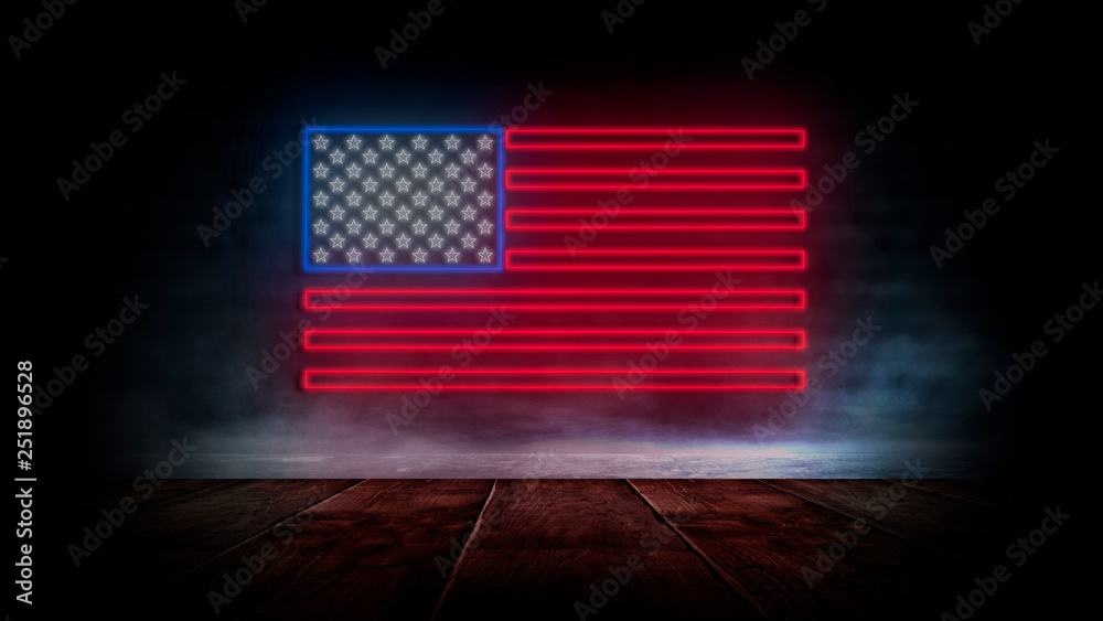USA flag neon sign. Night bright Signboard USA flag. American flag on