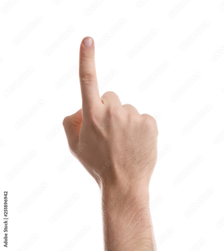 Man pointing at something on white background, closeup of hand Man pointing at something on white background, closeup of hand