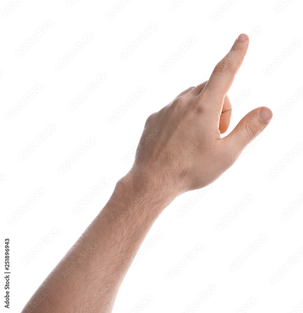Man pointing at something on white background, closeup of hand Man pointing at something on white background, closeup of hand