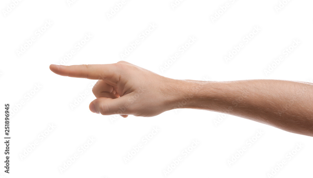 Man pointing at something on white background, closeup of hand Man pointing at something on white background, closeup of hand