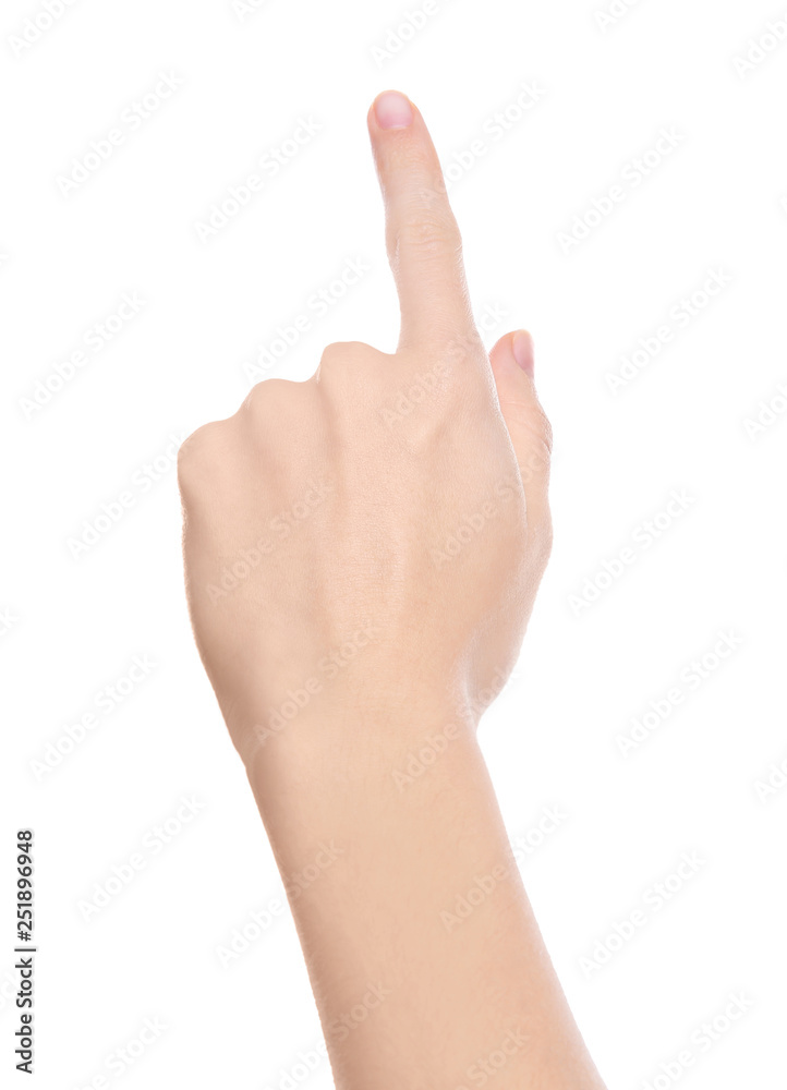 Woman pointing at something on white background, closeup of hand Woman pointing at something on white background, closeup of hand