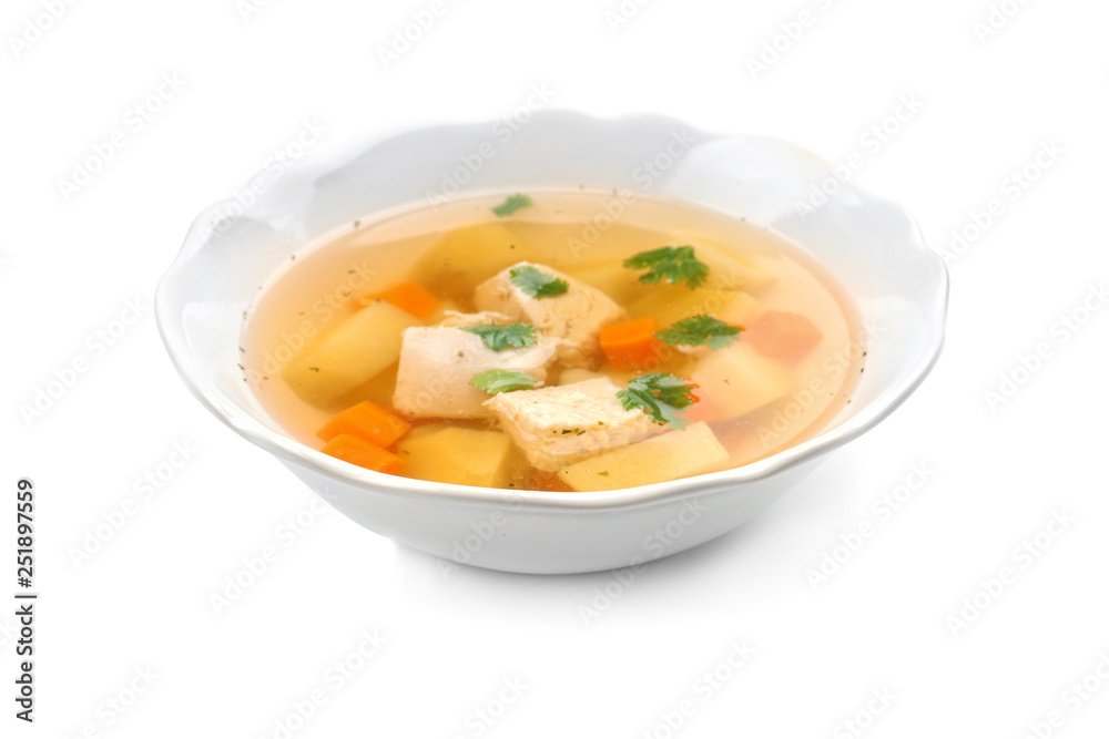 Dish with fresh homemade chicken soup on white background Dish with fresh homemade chicken soup on white background