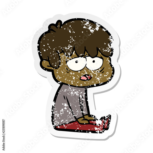 distressed sticker of a cartoon exhausted boy