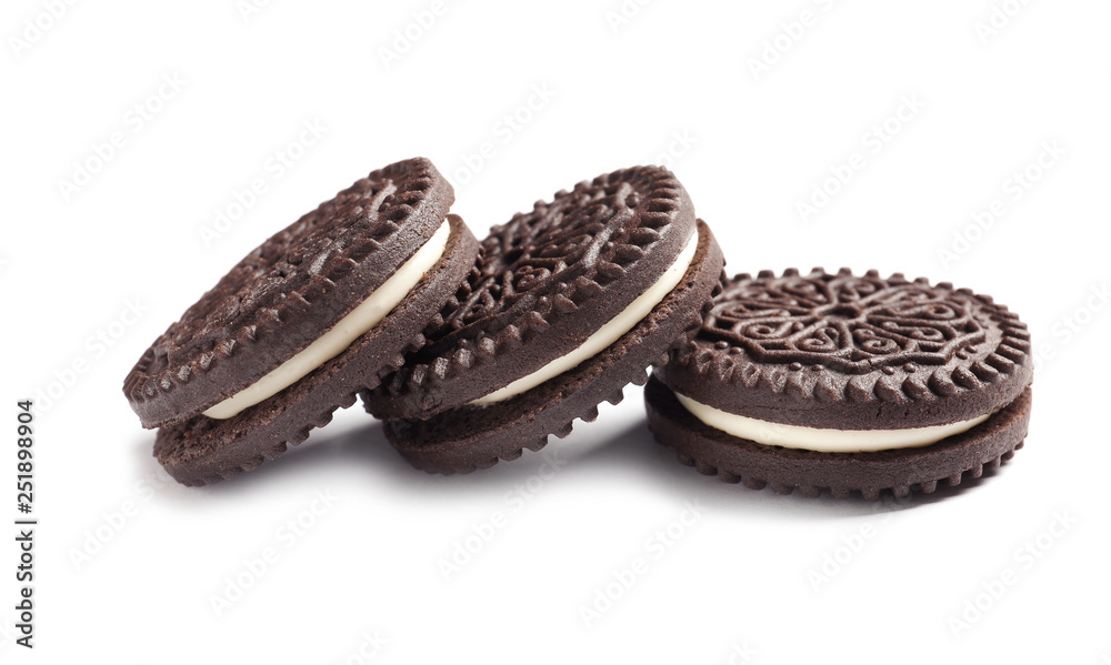 Tasty chocolate cookies with cream on white background Tasty chocolate cookies with cream on white background