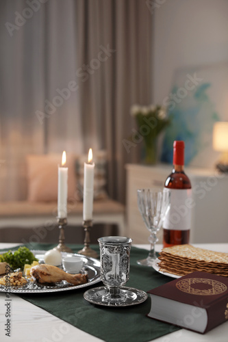 Table served for Passover  Pesach  Seder indoors  space for text