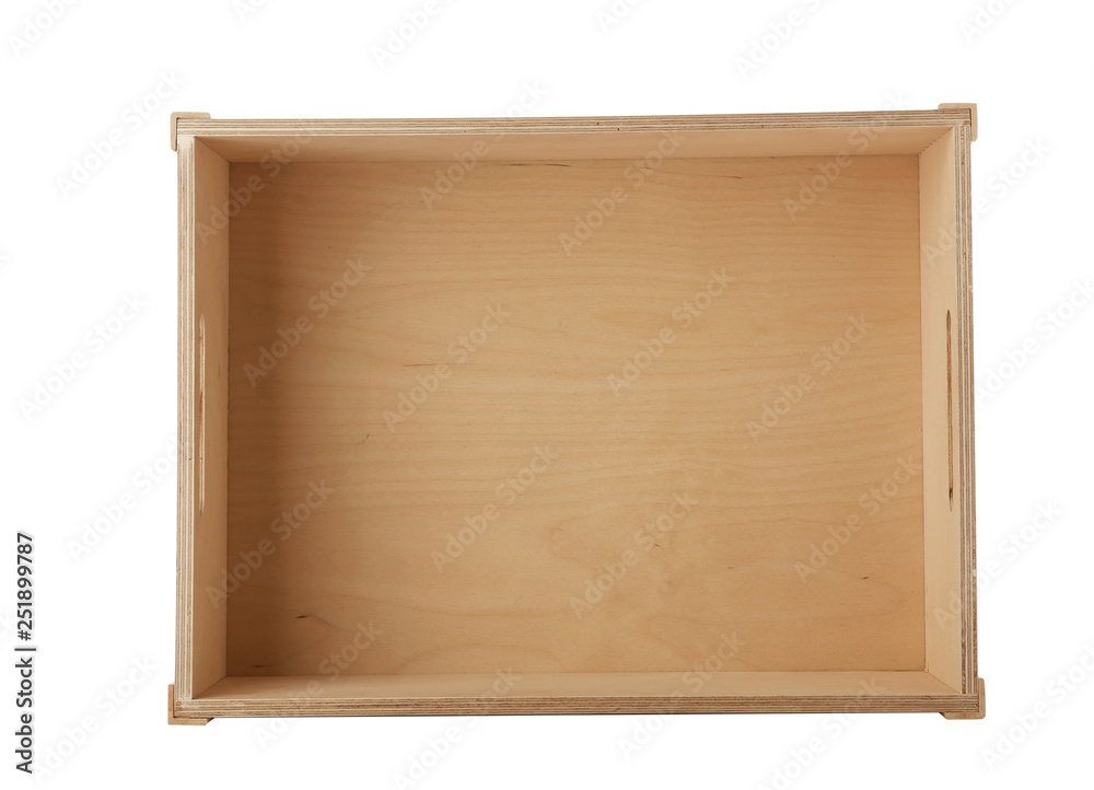 Empty wooden crate on white background, top view