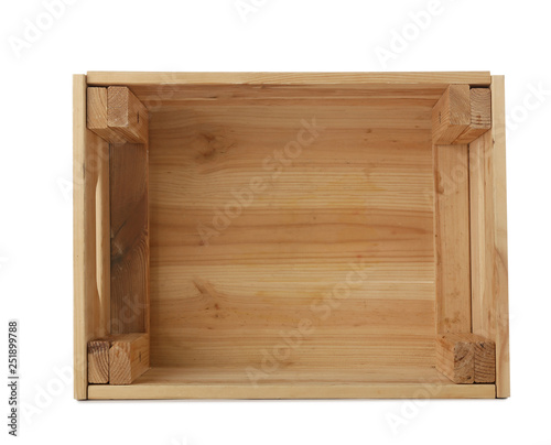 Empty wooden crate on white background, top view