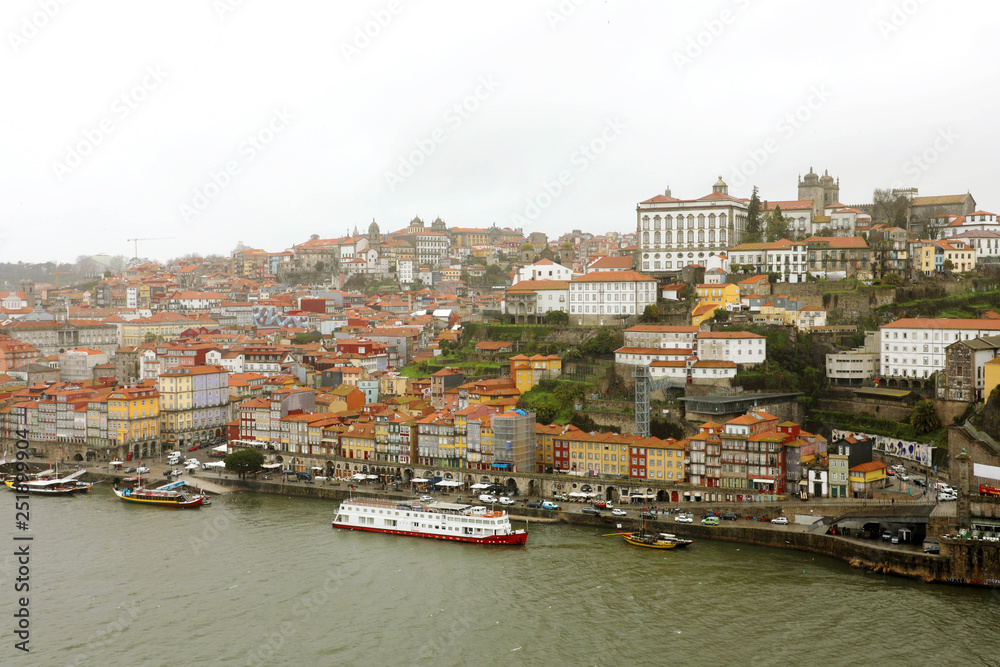 Panoramic view of old Porto Oporto city and Ribeira over Douro river from Vila Nova de Gaia, Portugal
