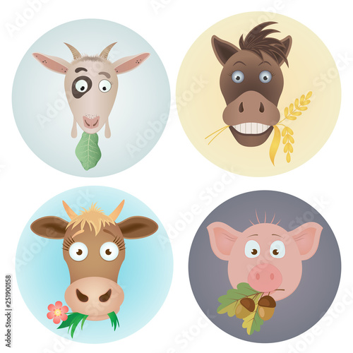 vector funny round icons with domestic farm animals caw, goat, horse and pig on a white background