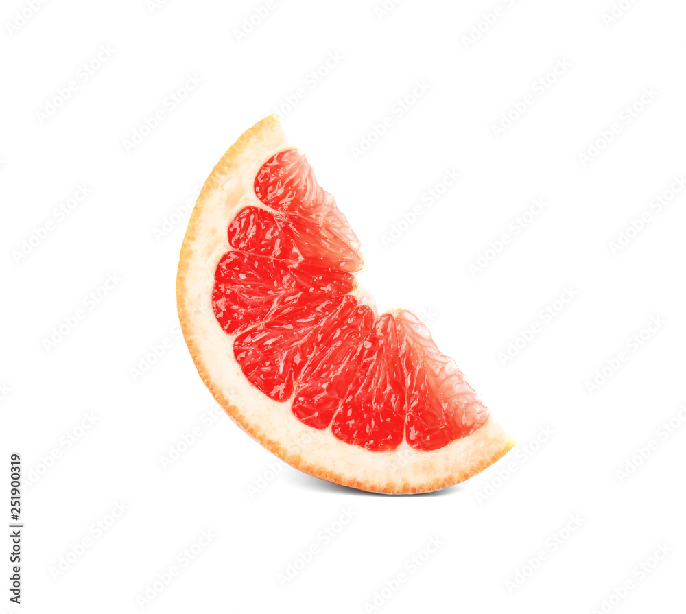 Slice of ripe juicy grapefruit on white background