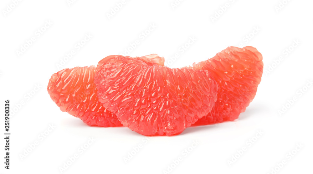 Slices of ripe juicy grapefruit on white background