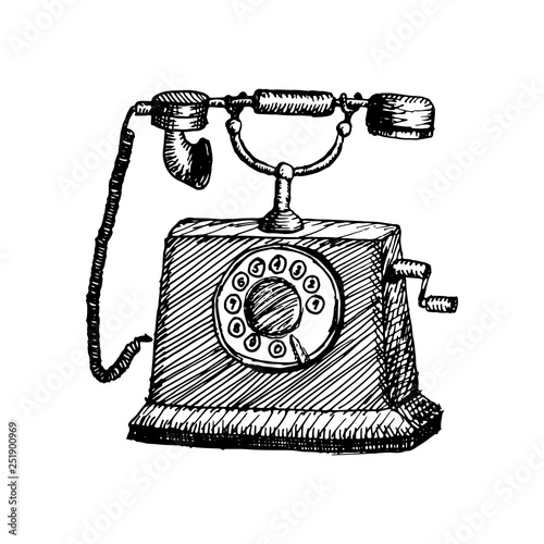 old retro telephone vintage hand drawn illustration