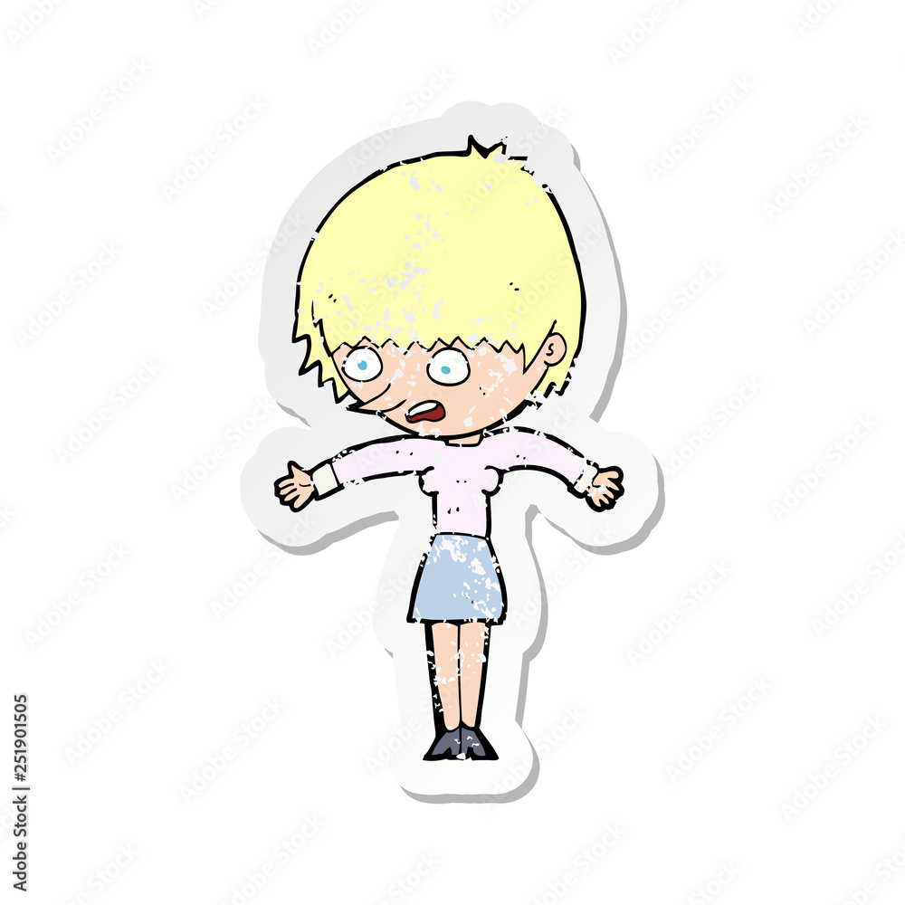 retro distressed sticker of a cartoon woman panicking retro distressed sticker of a cartoon woman panicking