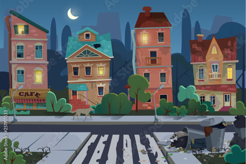 Night old city view with rubbish and dirty area at the street. Environmental pollution and ecology concept. Unfavorable abandoned residential area vector illustration.