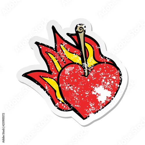 retro distressed sticker of a cartoon flaming heart cherry