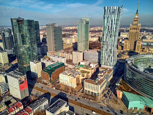 Beautiful panoramic aerial drone view to the center of Warsaw City and "Zlota 44", residential skyscraper designed by American architect Daniel Libeskind