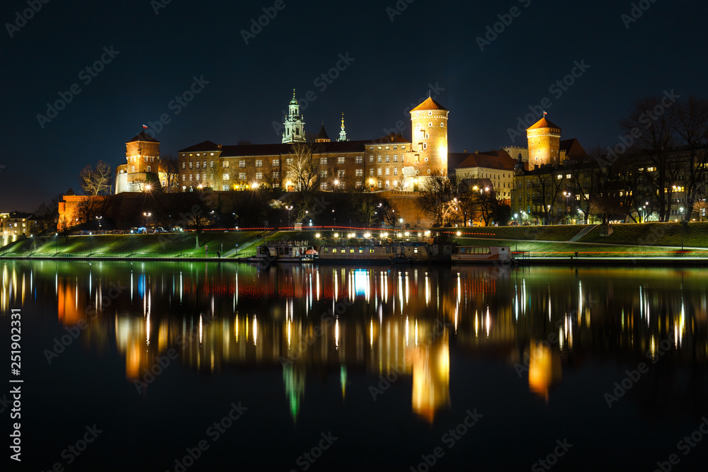 Wawel Castle in Krakow seen from the Vistula boulevards. Krakow is the most famous landmark in Poland