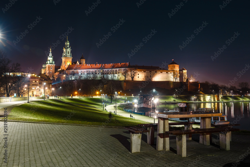Wawel hill with royal castle at night. Krakow is one of the most famous landmark in Poland