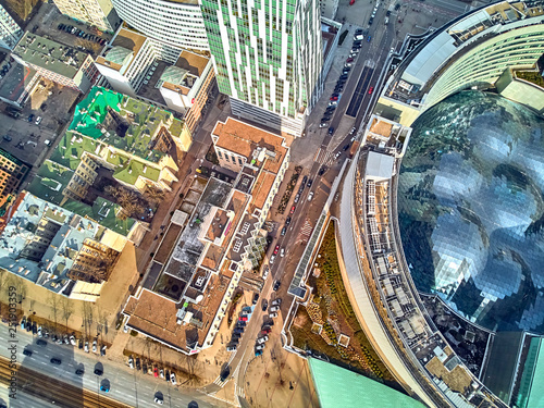 WARSAW  POLAND - FEBRUARY 23  2019  Beautiful panoramic aerial drone view to the center of Warsaw City and  Zlota 44   residential skyscraper designed by American architect Daniel Libeskind