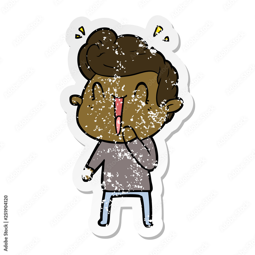 distressed sticker of a cartoon excited man distressed sticker of a cartoon excited man