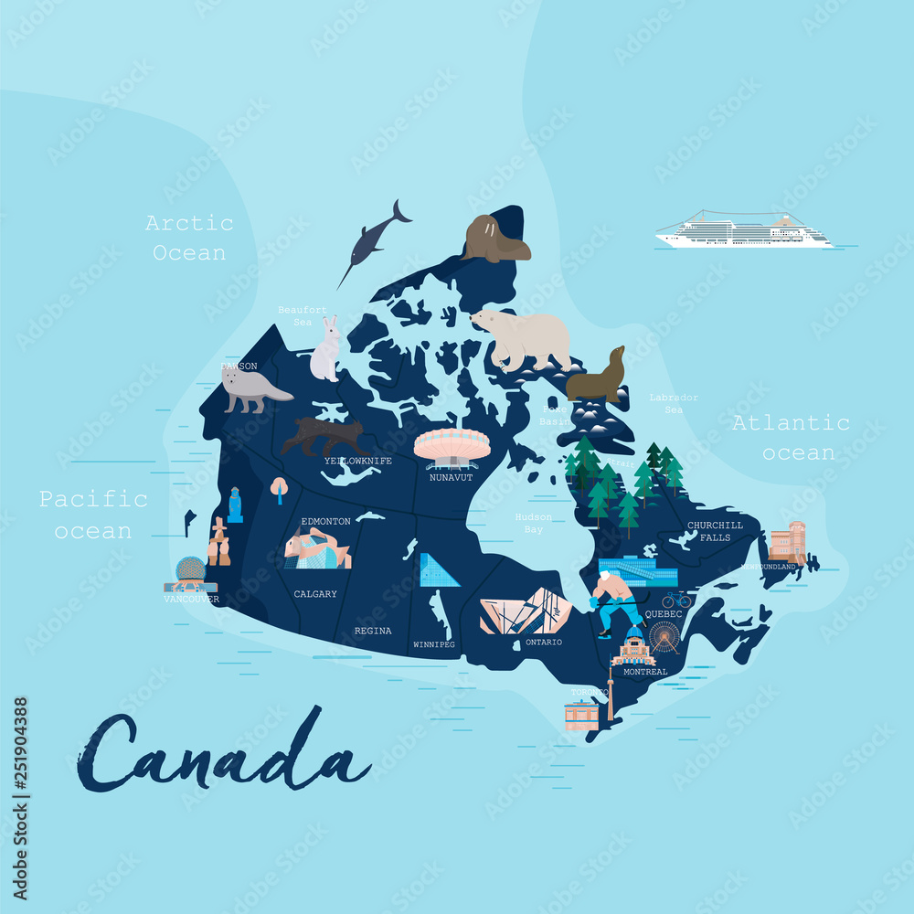 Canada cartoon travel map vector illustration with landmarks, cities,  roadmap. Infographic concept shape template design with country navigator.  Business journey and tourism web layout, clipart, icons Stock Vector |  Adobe Stock