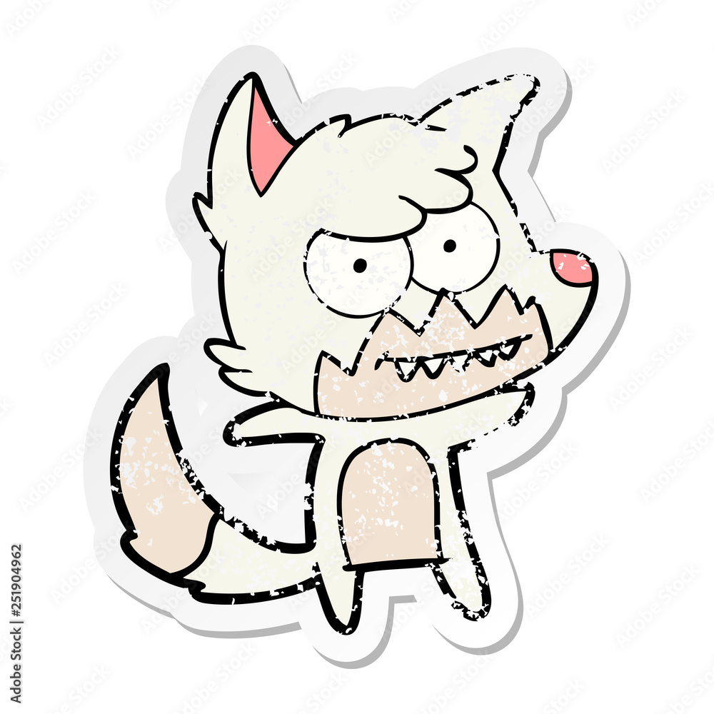 distressed sticker of a cartoon grinning fox distressed sticker of a cartoon grinning fox