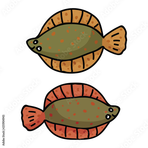 Cute flounder cartoon vector illustration motif set.