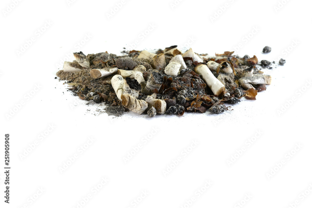 A pile of cigarette end stubs, butts & ash on a white background A pile of cigarette end stubs, butts & ash on a white background
