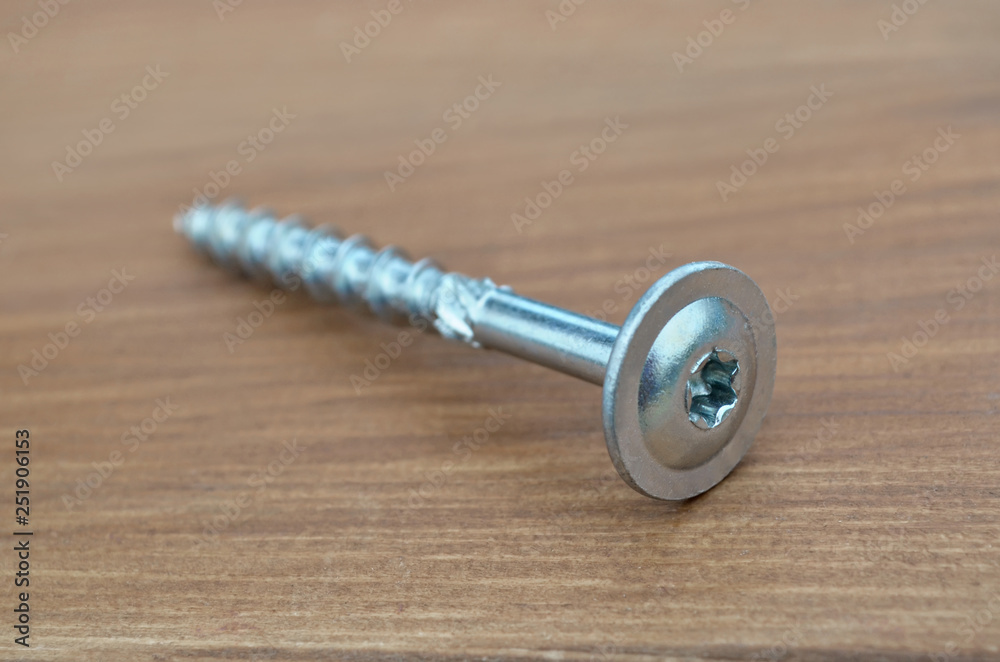 Metal fasteners. Self-tapping screw for construction, close-up on a wooden background. Selective focus. Metal fasteners. Self-tapping screw for construction, close-up on a wooden background. Selective focus.