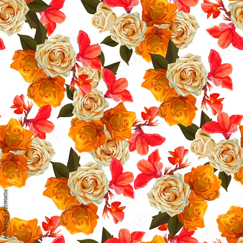 Floral beautiful  background with yellow rose and red canna lilly  vector illustration