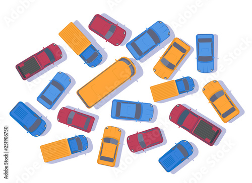 Traffic jam. Large congestion of cars. Top view