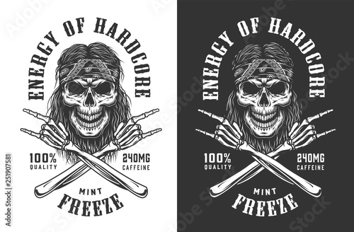 Vintage monochrome rockstar skull logotype