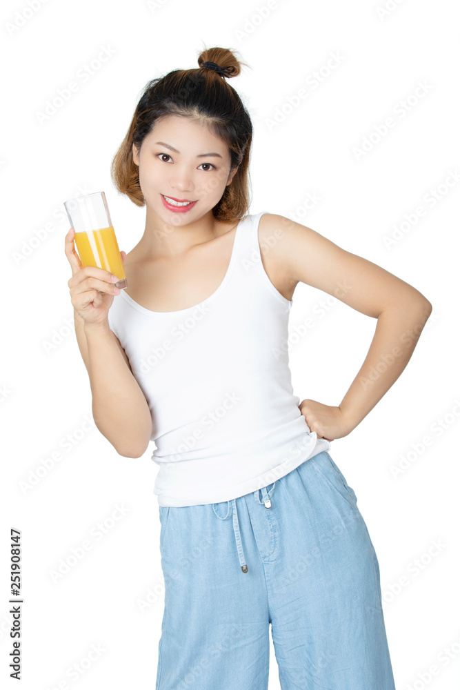 Chinese woman drinking orange juice isolated on white background Chinese woman drinking orange juice isolated on white background