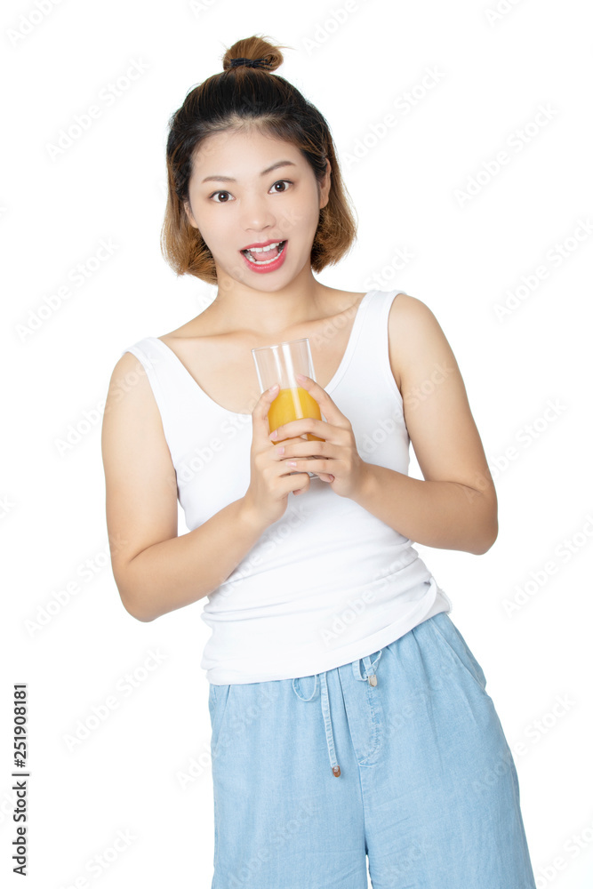 Chinese woman drinking orange juice isolated on white background Chinese woman drinking orange juice isolated on white background