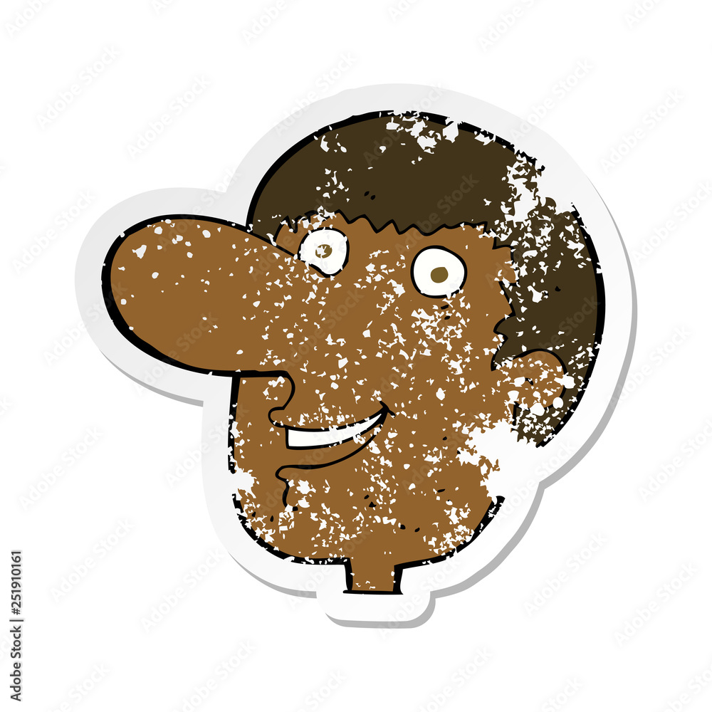 retro distressed sticker of a cartoon happy male face retro distressed sticker of a cartoon happy male face
