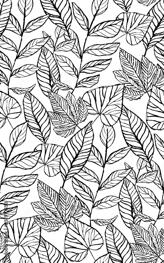 Tropical seamless foliage pattern, hand-drawn black and white assorted
