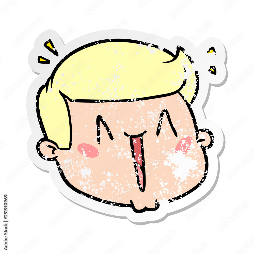 distressed sticker of a happy cartoon male face